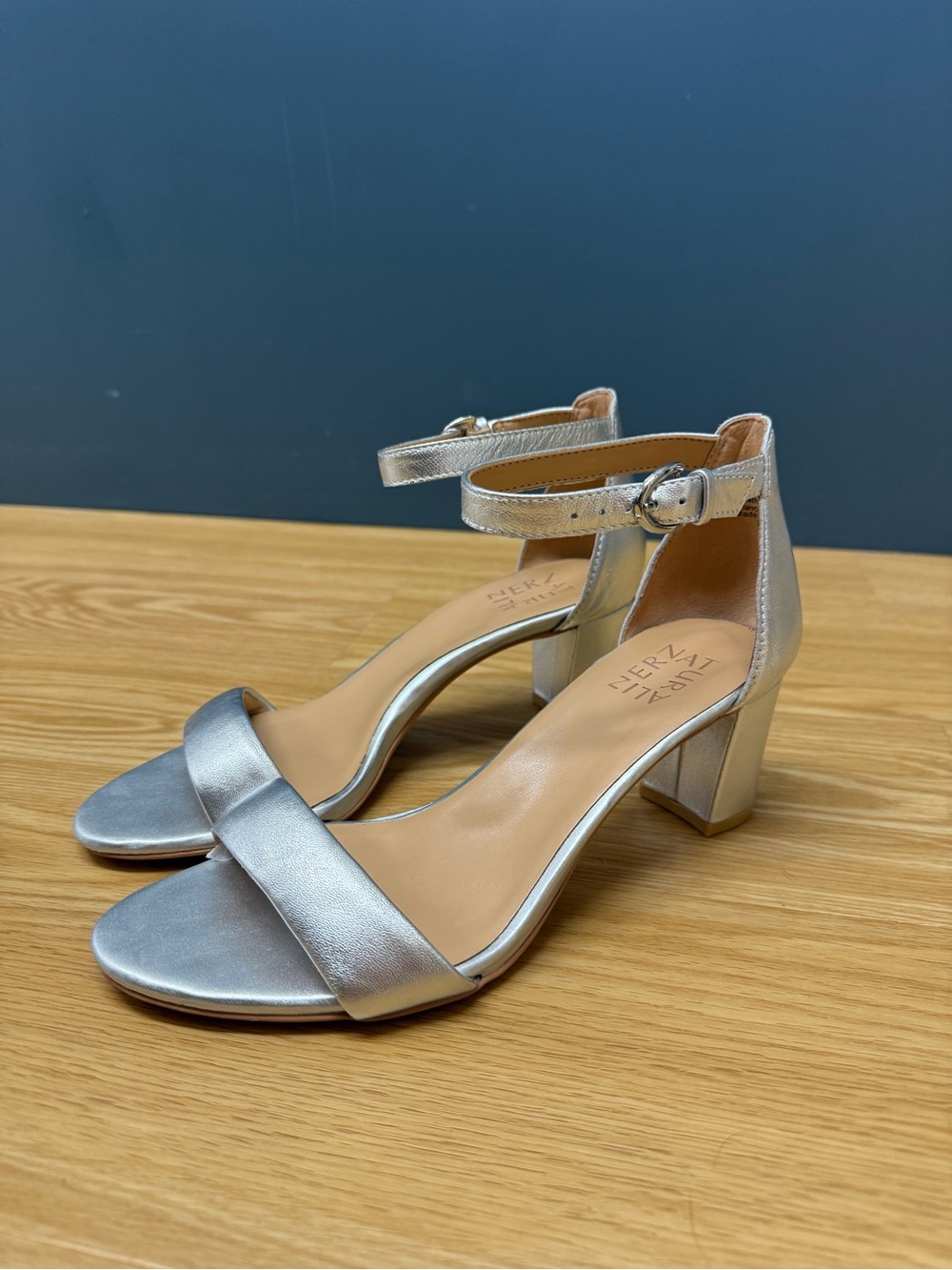 Naturalizer Silver Ankle-Strap Block Heel Sandals
